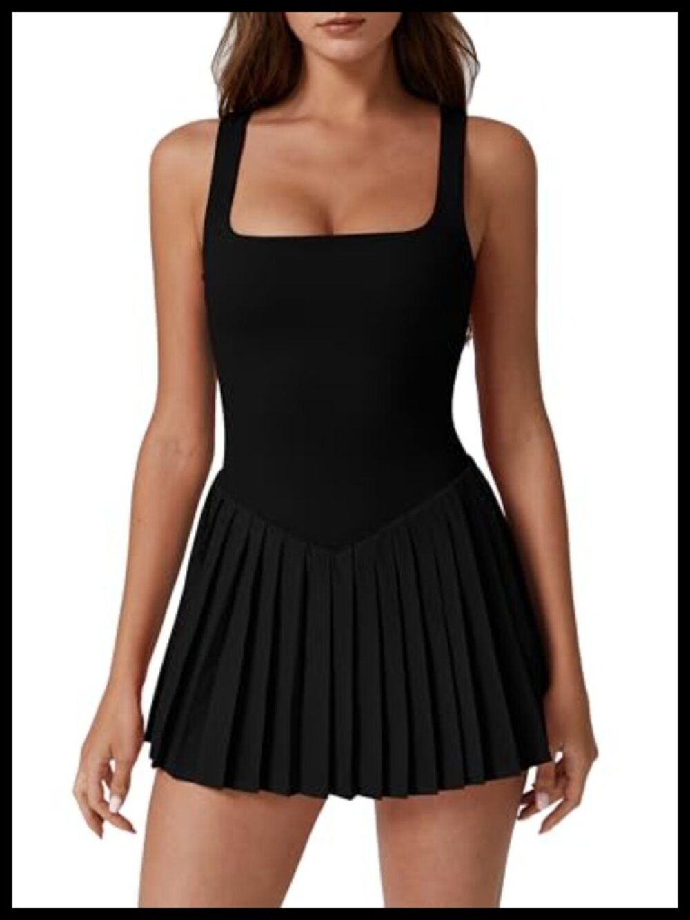 Pleated Tennis Dress with Built-in Shorts Pockets Square Neck Sleeveless
